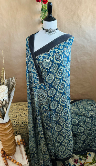Ajrakh hand block printed modal silk saree | Dark Blue | Ships from California
